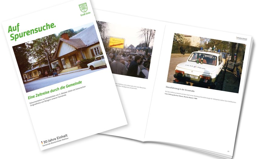 Ein Katalog von der Gemeinde Blankenfelde-Mahlow, mit der Überschrift "Eine Zeitreise durch die Gemeinde". 
