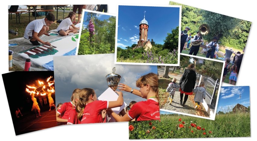 Acht Bilder die leicht überlappen, darunter ein Bild von einer Wiese, einer Kirche, Kinder die ein Pokal hoch halten, eine Mutter die mit zwei kindern Spazieren geht, eine gruppe von Männern die Blasinstrumente spielen, eine gruppe Kinder die was Malen, einer Blume und einem Festival wo eine Feuershow vorgeführt wird.