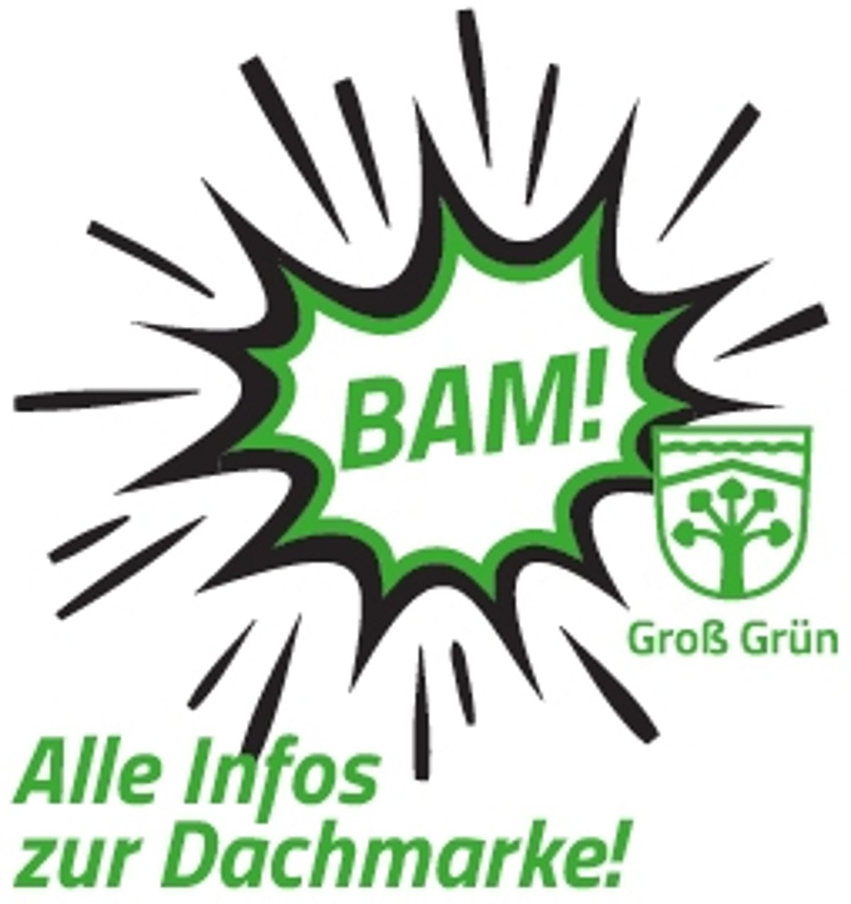 Eine schwarz grüne Sprechblase in der "BAM!" steht. Neben der Sprechblase das "Groß Grün" Logo und da drunter steht in grüner Schrift "Alle Infos zur Dachmarke".
